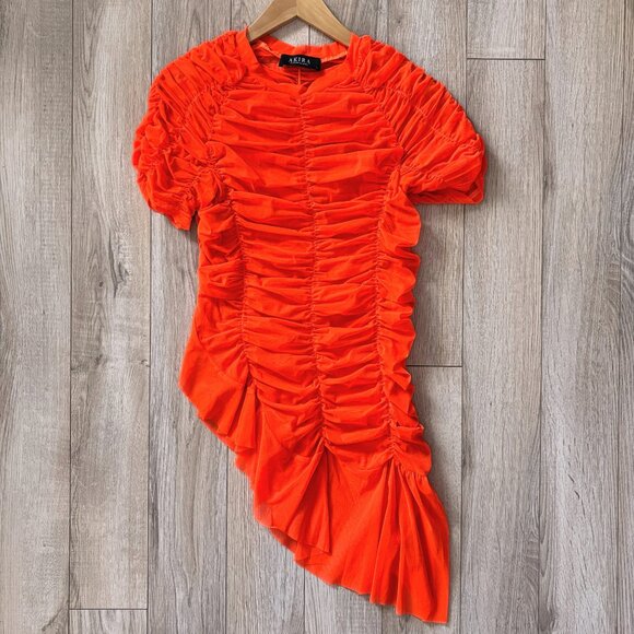 AKIRA Tops - AKIRA Rory Ruched Mesh Asymmetrical Short Sleeve T-shirt Orange Womens Large Y2K